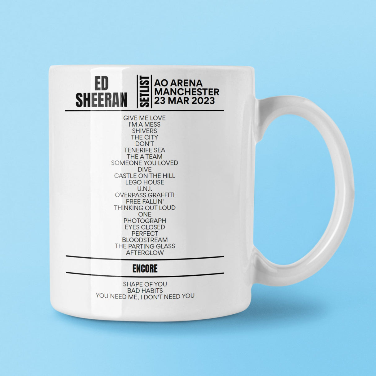 Ed Sheeran Manchester Arena Manchester March 23, 2023 Setlist Mug - Setlist