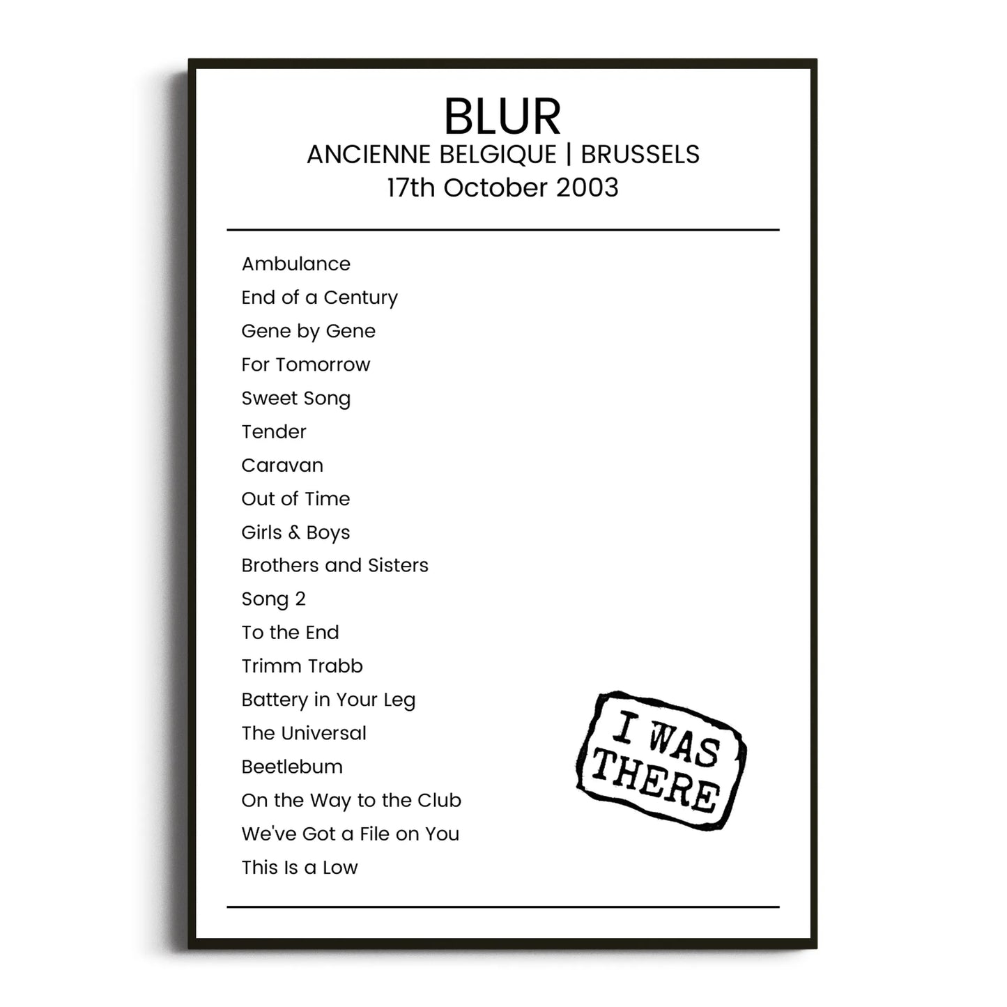 Blur Brussels 17 October 2003 Setlist Poster