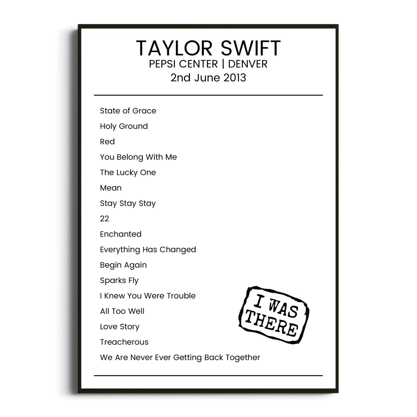 Taylor Swift Denver 02 June 2013 Setlist Poster