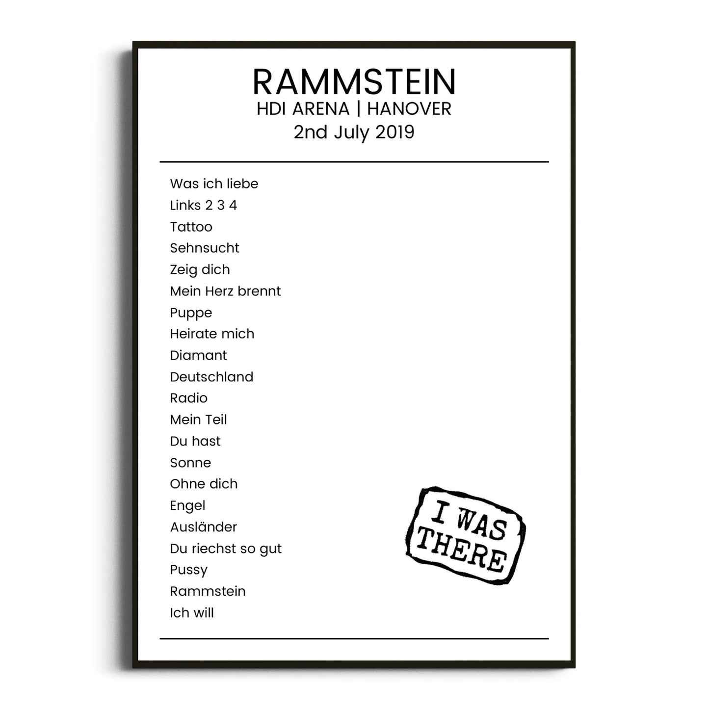 Rammstein Hanover 02 July 2019 Setlist Poster