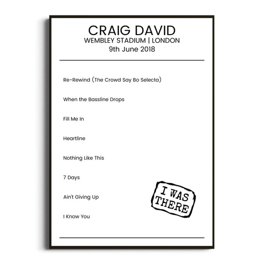 Craig David London 09 June 2018 Setlist Poster