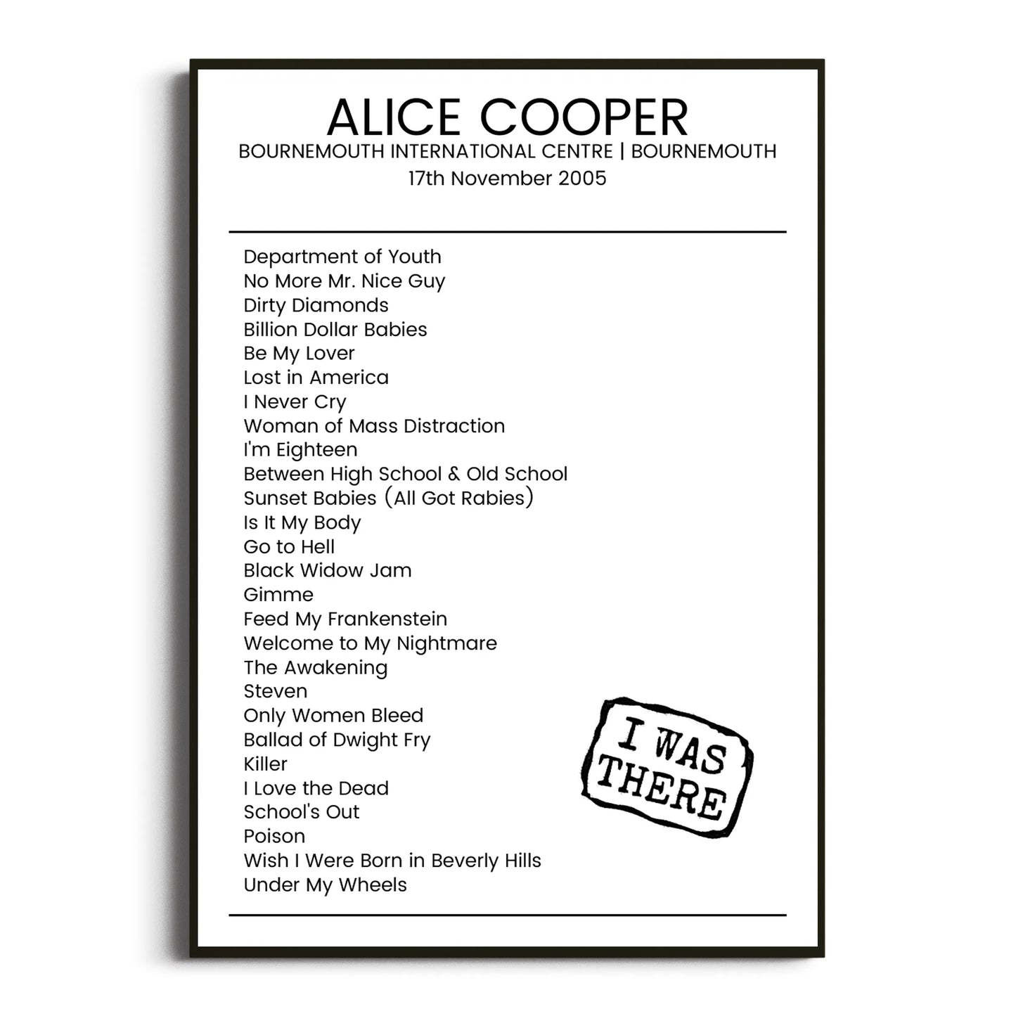 Alice Cooper Bournemouth 17 November 2005 Setlist Poster