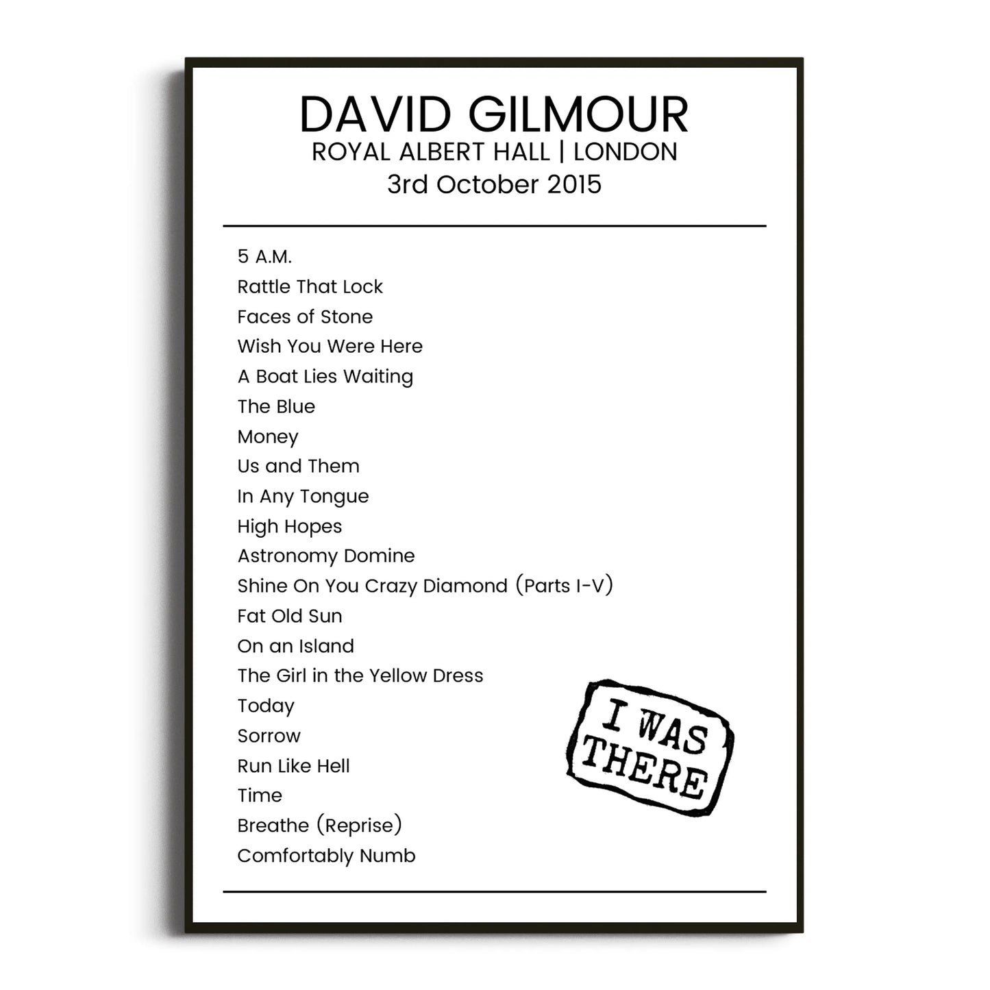 David Gilmour London 03 October 2015 Setlist Poster