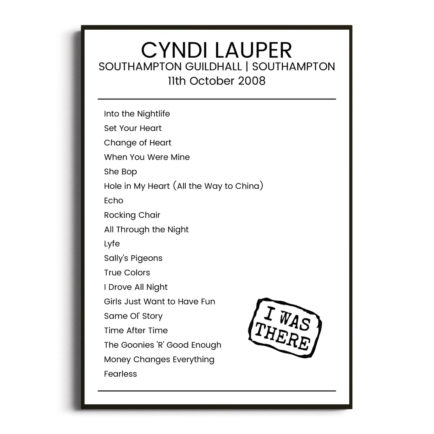 Cyndi Lauper Southampton 11 October 2008 Setlist Poster