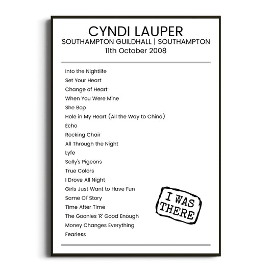 Cyndi Lauper Southampton 11 October 2008 Setlist Poster