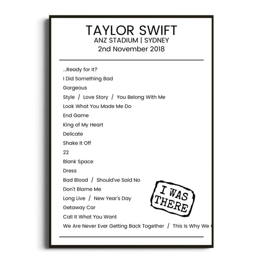 Taylor Swift Sydney 02 November 2018 Setlist Poster