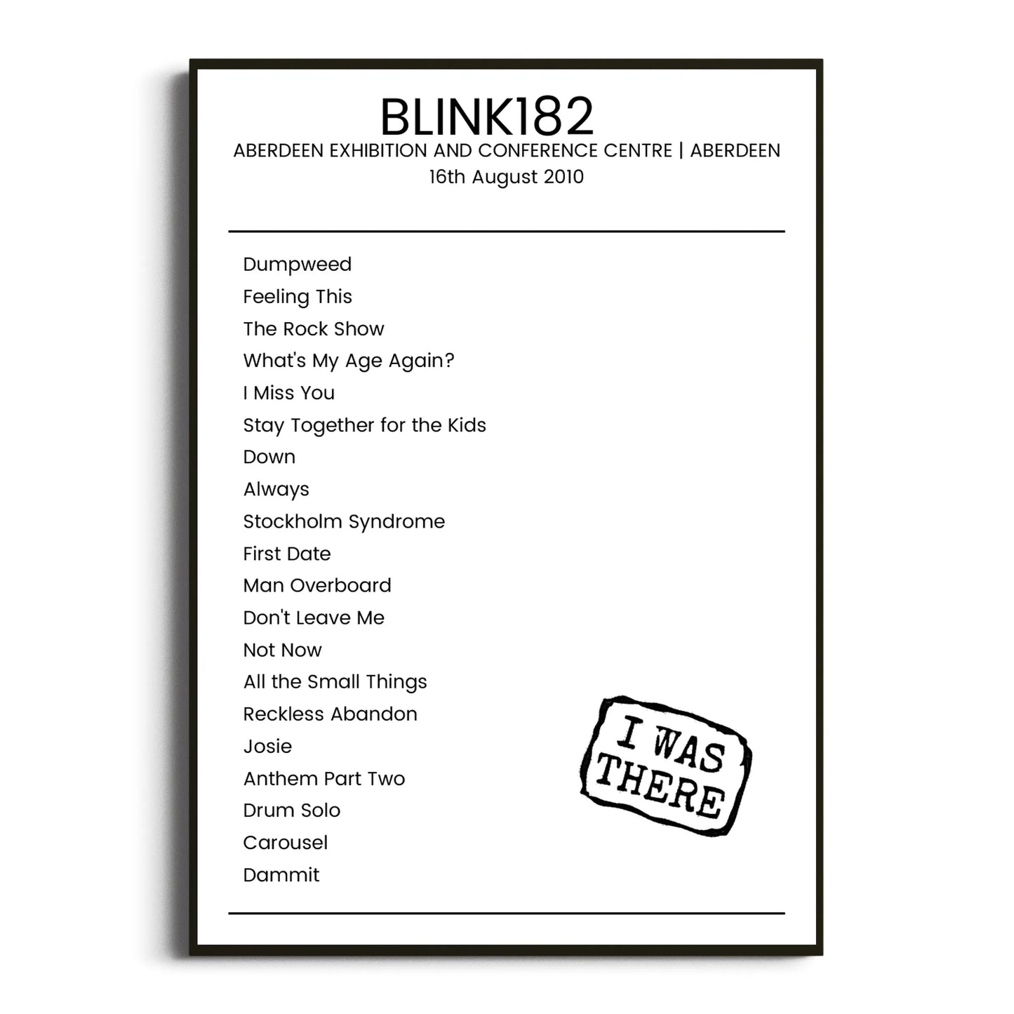 blink‐182 Aberdeen 16 August 2010 Setlist Poster