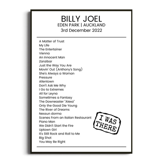 Billy Joel Auckland 03 December 2022 Setlist Poster