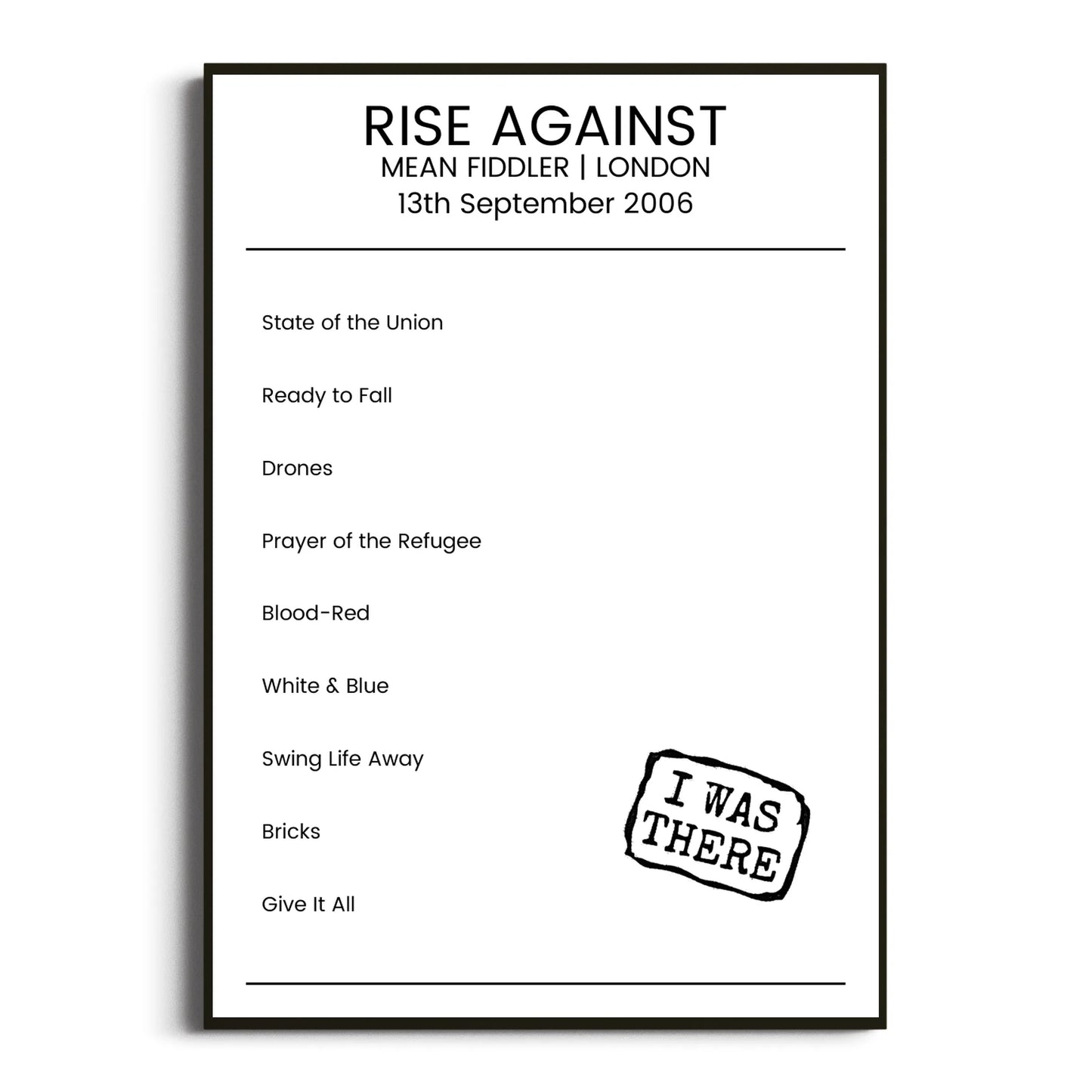 Rise Against London 13 September 2006 Setlist Poster