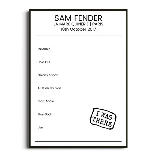 Sam Fender Paris 18 October 2017 Setlist Poster