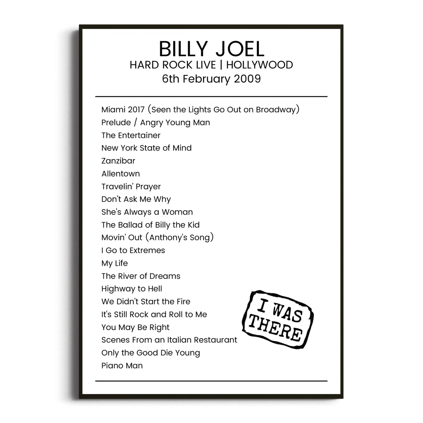 Billy Joel Hollywood 06 February 2009 Setlist Poster