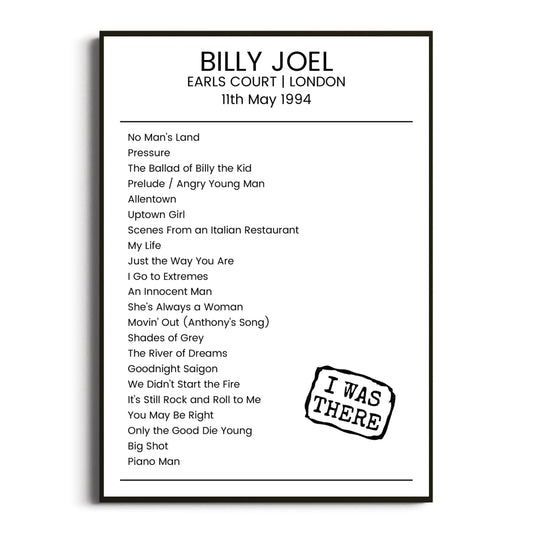 Billy Joel London 11 May 1994 Setlist Poster