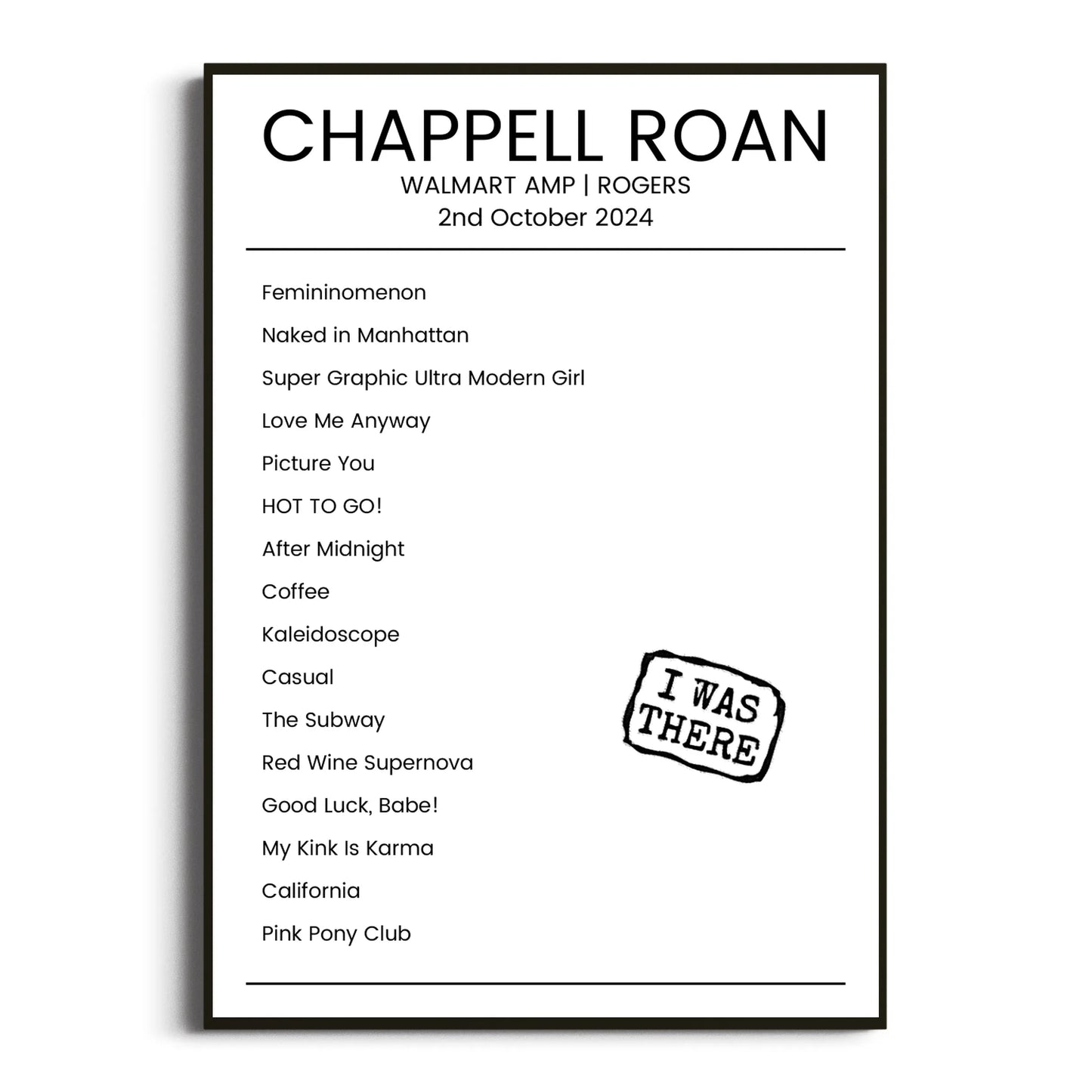 Chappell Roan Rogers 02 October 2024 Setlist Poster