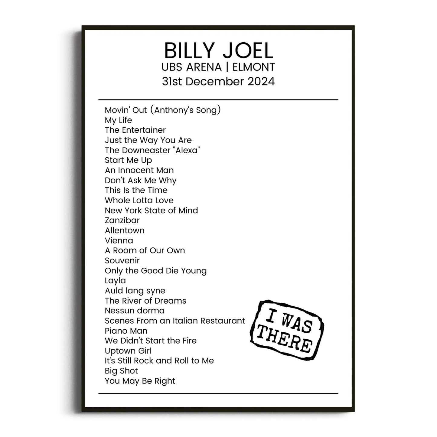 Billy Joel Elmont 31 December 2024 Setlist Poster