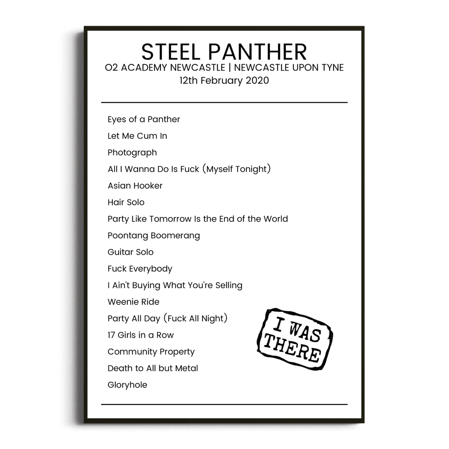 Steel Panther Newcastle upon Tyne 12 February 2020 Setlist Poster