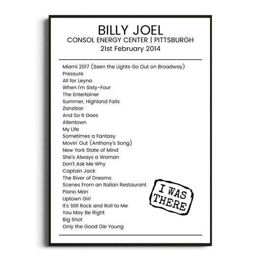 Billy Joel Pittsburgh 21 February 2014 Setlist Poster