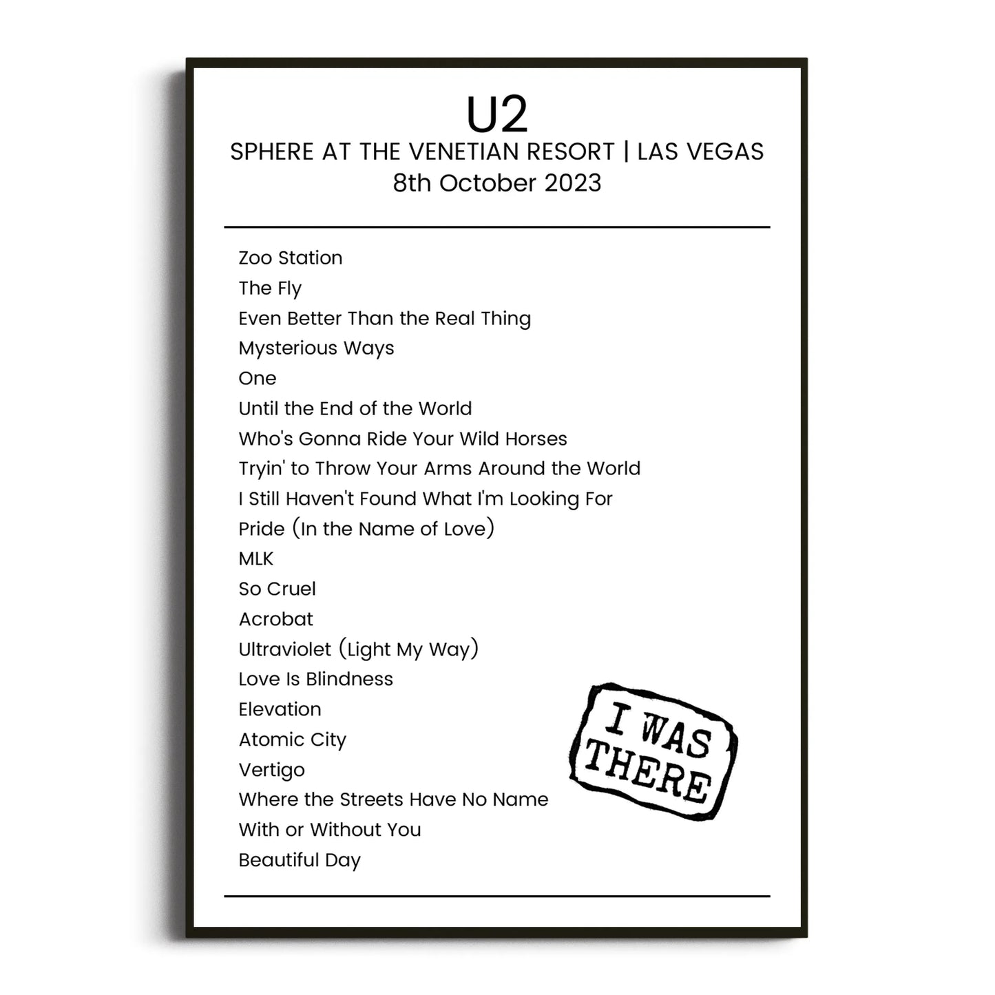 U2 Las Vegas 08 October 2023 Setlist Poster