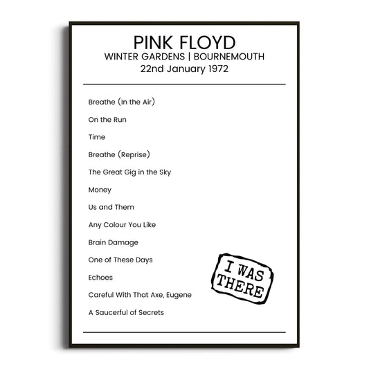 Pink Floyd Bournemouth 22 January 1972 Setlist Poster