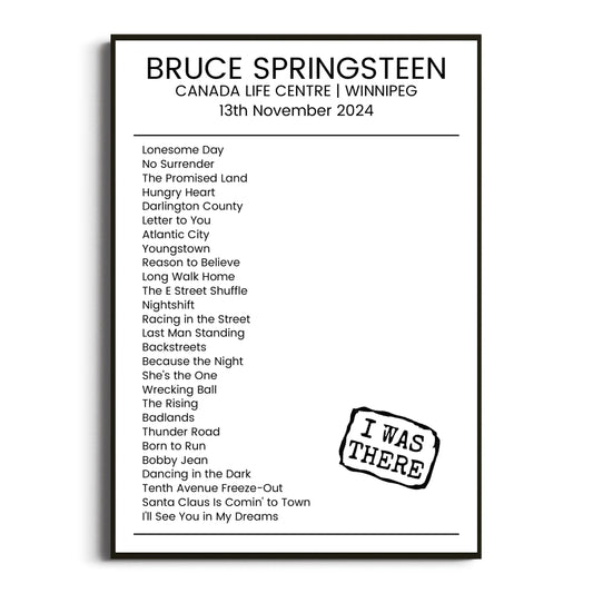 Bruce Springsteen Winnipeg 13 November 2024 Setlist Poster