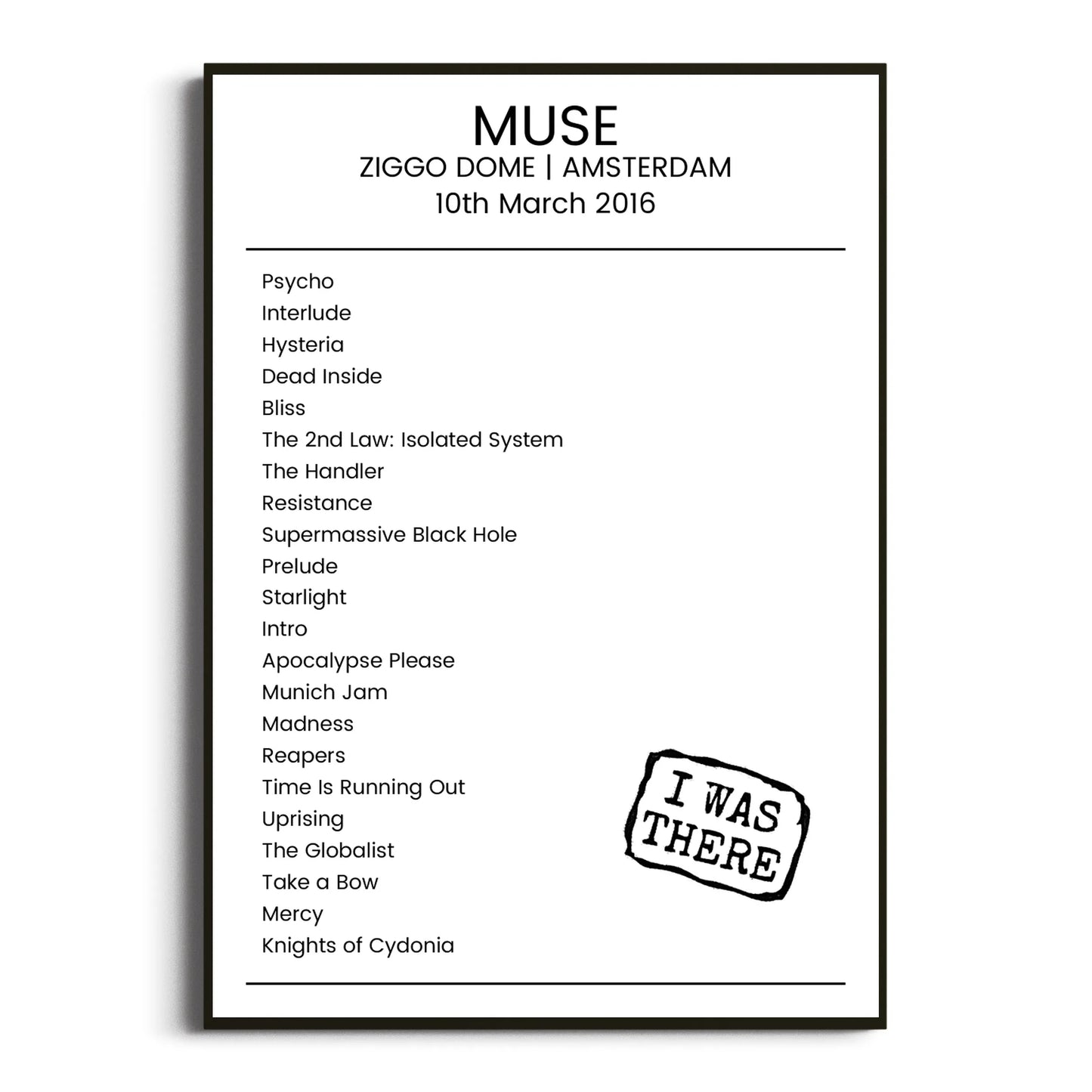 Muse Amsterdam 10 March 2016 Setlist Poster