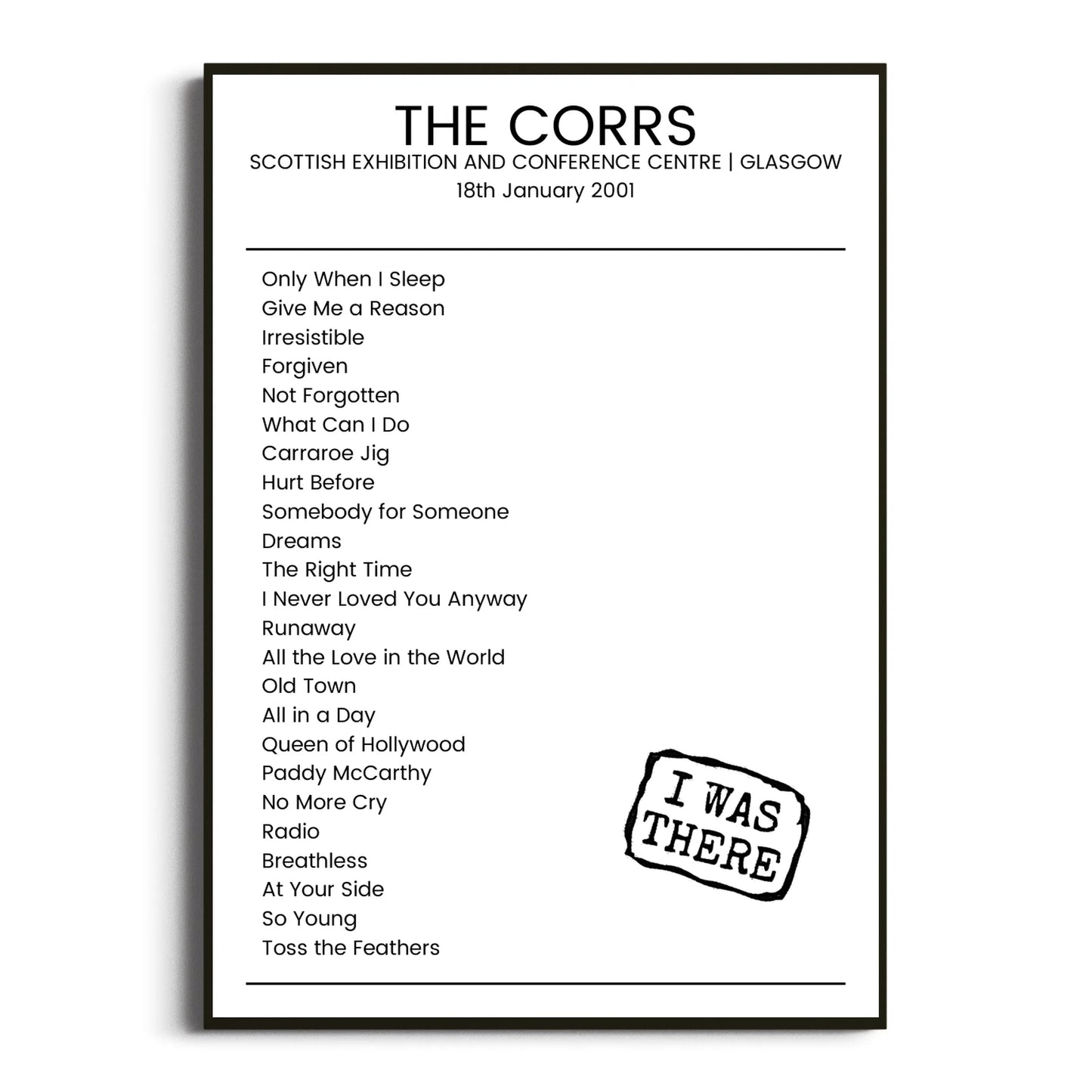 The Corrs Glasgow 18 January 2001 Setlist Poster