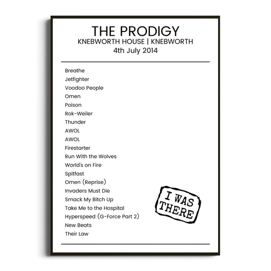 The Prodigy Knebworth 04 July 2014 Setlist Poster