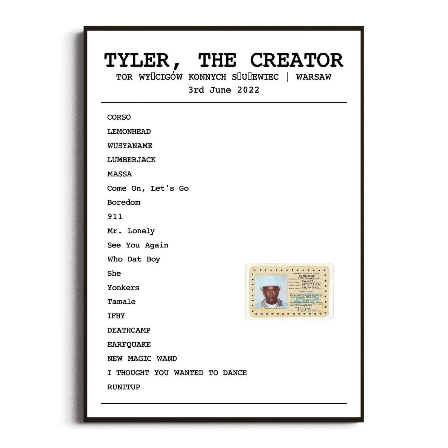 Tyler, The Creator Warsaw 03 June 2022 Setlist Poster