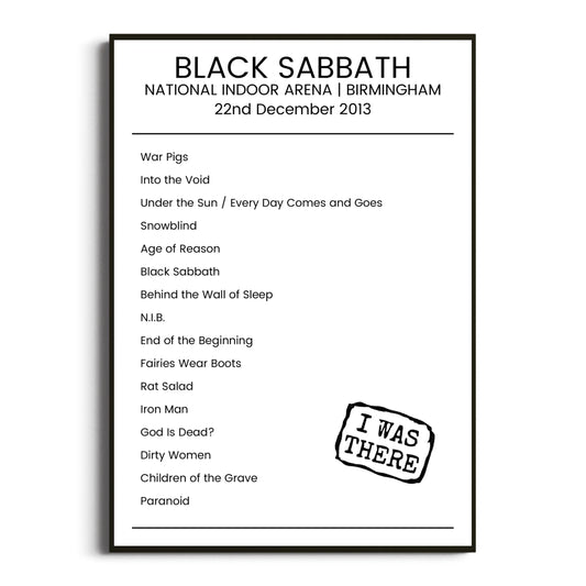 Black Sabbath Birmingham 22 December 2013 Setlist Poster