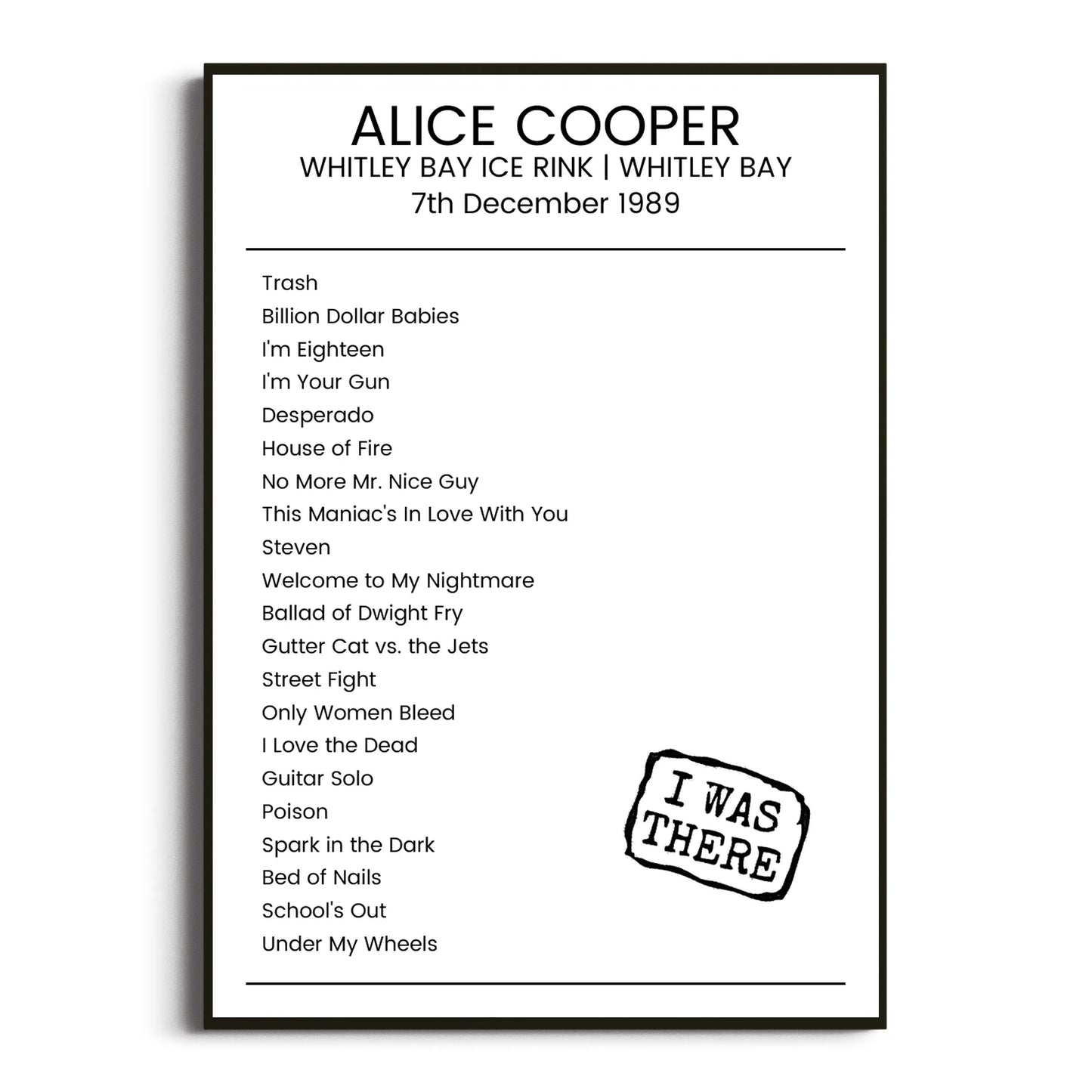 Alice Cooper Whitley Bay 07 December 1989 Setlist Poster