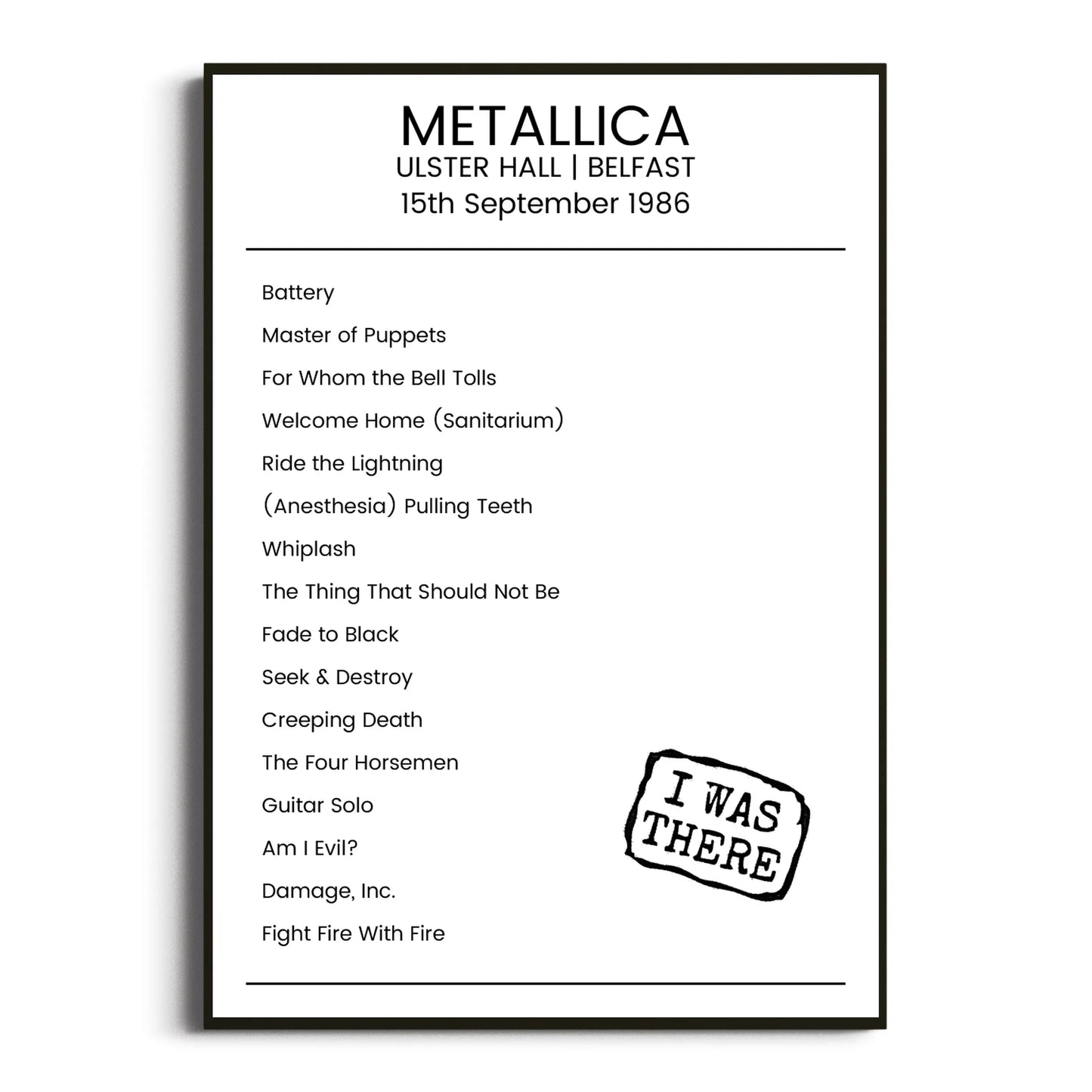 Metallica Belfast 15 September 1986 Setlist Poster