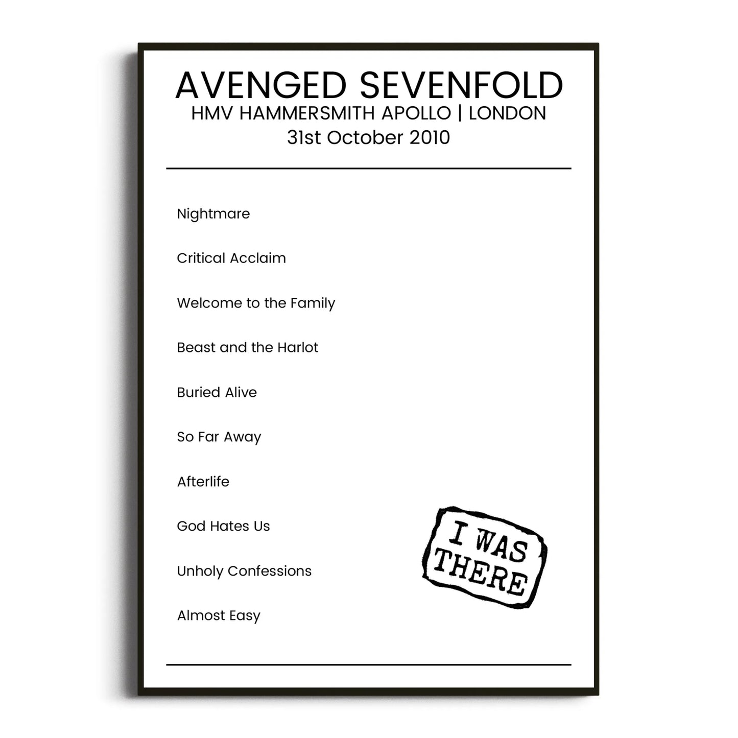 Avenged Sevenfold London 31 October 2010 Setlist Poster