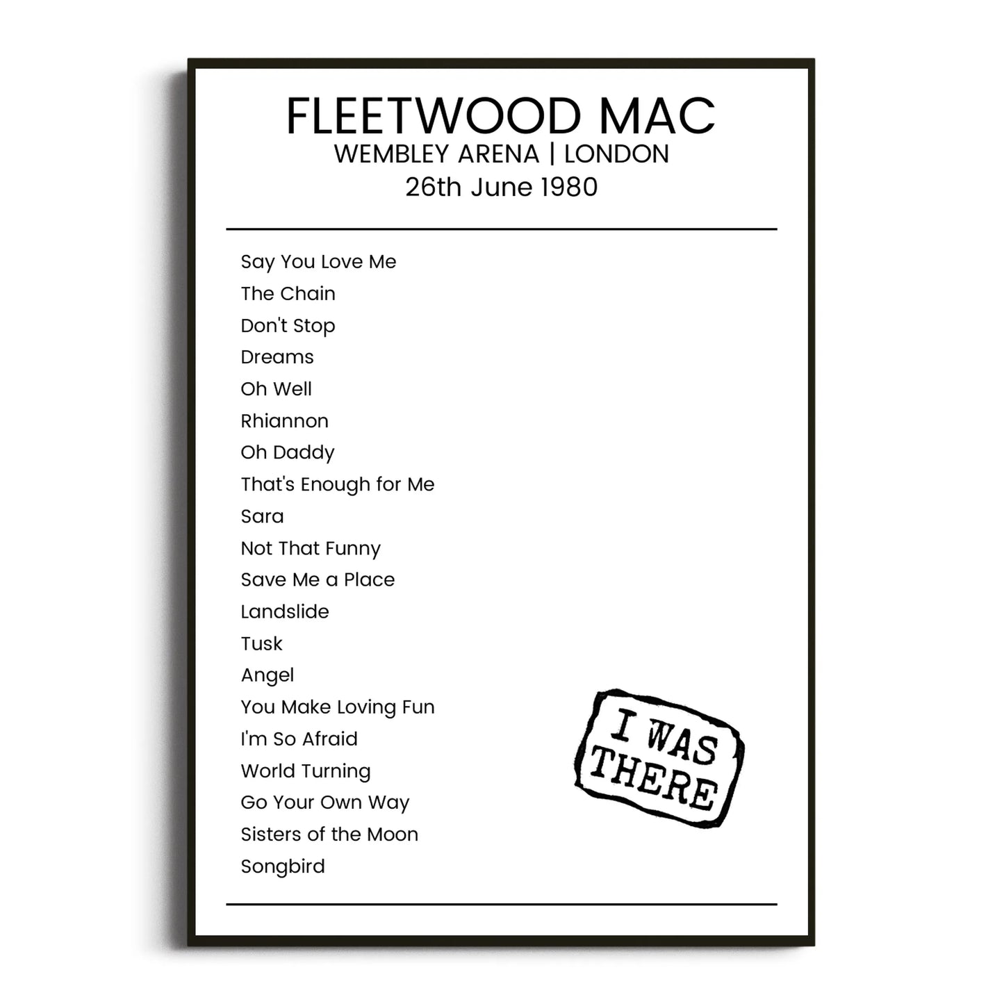 Fleetwood Mac London 26 June 1980 Setlist Poster