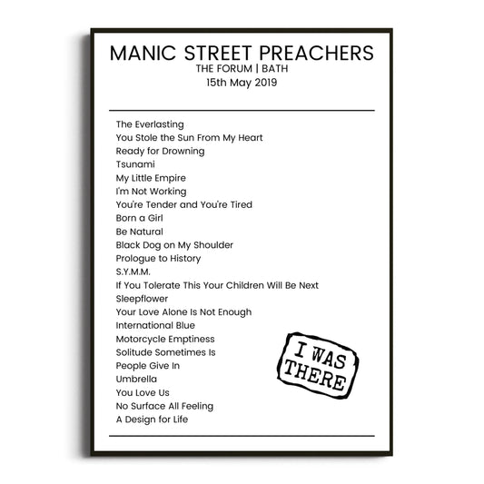 Manic Street Preachers Bath 15 May 2019 Setlist Poster