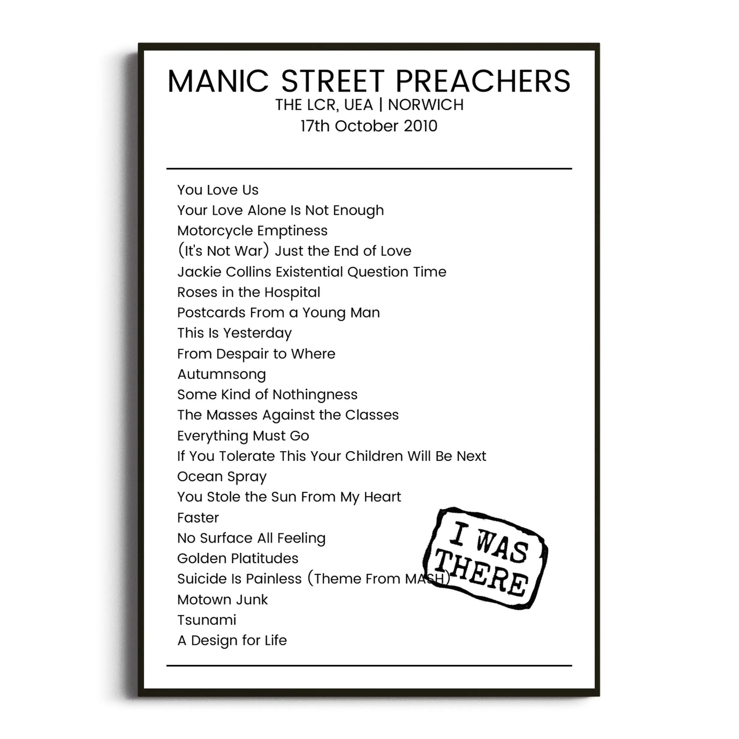 Manic Street Preachers Norwich 17 October 2010 Setlist Poster