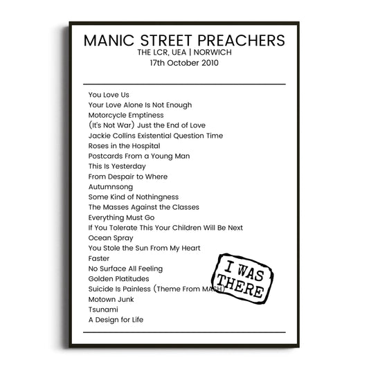 Manic Street Preachers Norwich 17 October 2010 Setlist Poster