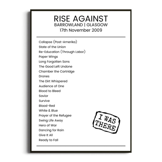 Rise Against Glasgow 17 November 2009 Setlist Poster