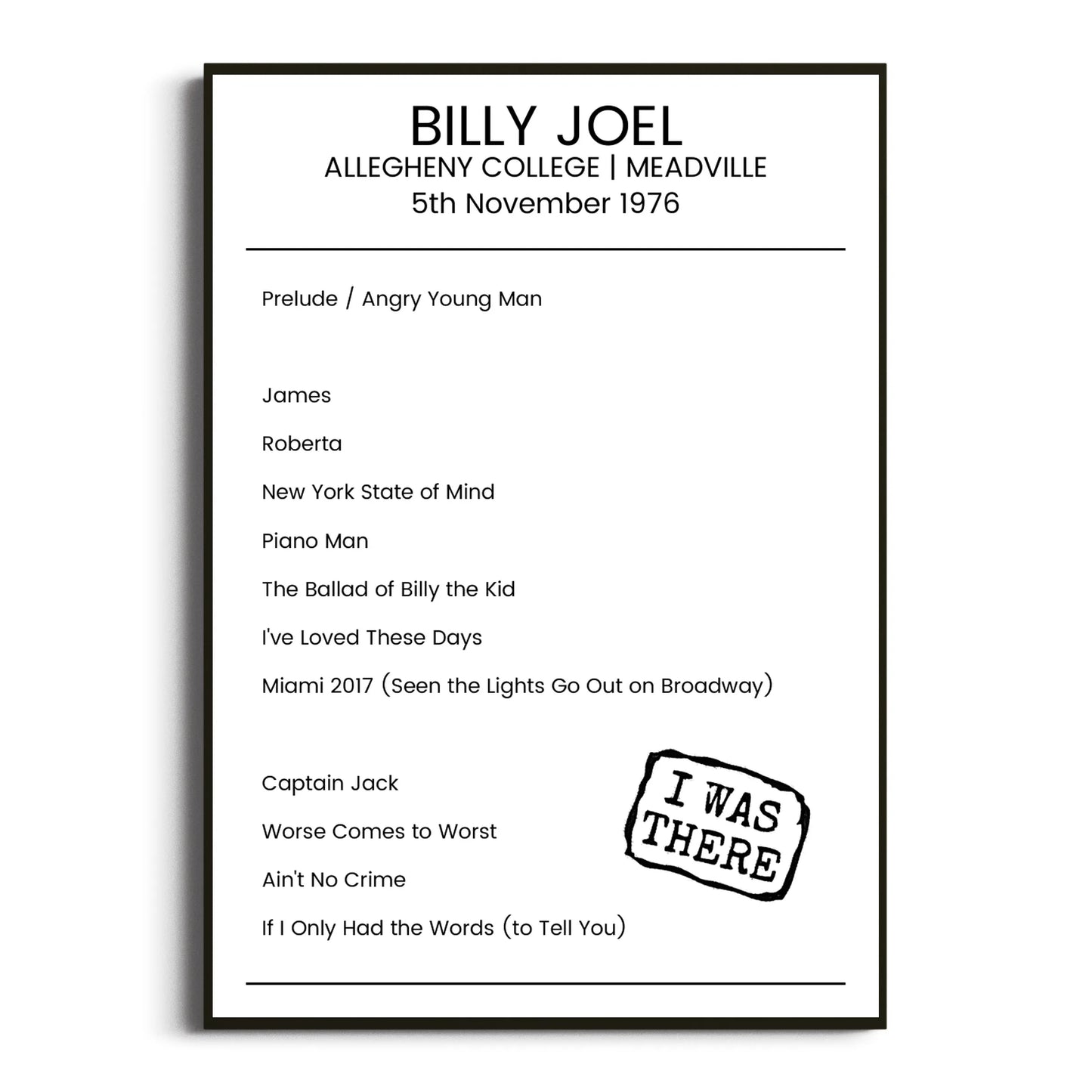 Billy Joel Meadville 05 November 1976 Setlist Poster