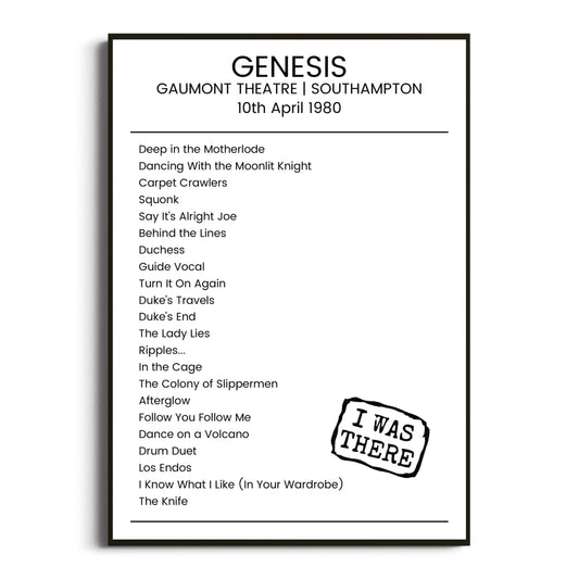 Genesis Southampton 10 April 1980 Setlist Poster