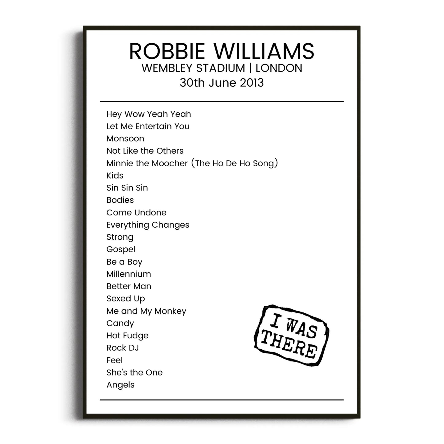 Robbie Williams London 30 June 2013 Setlist Poster