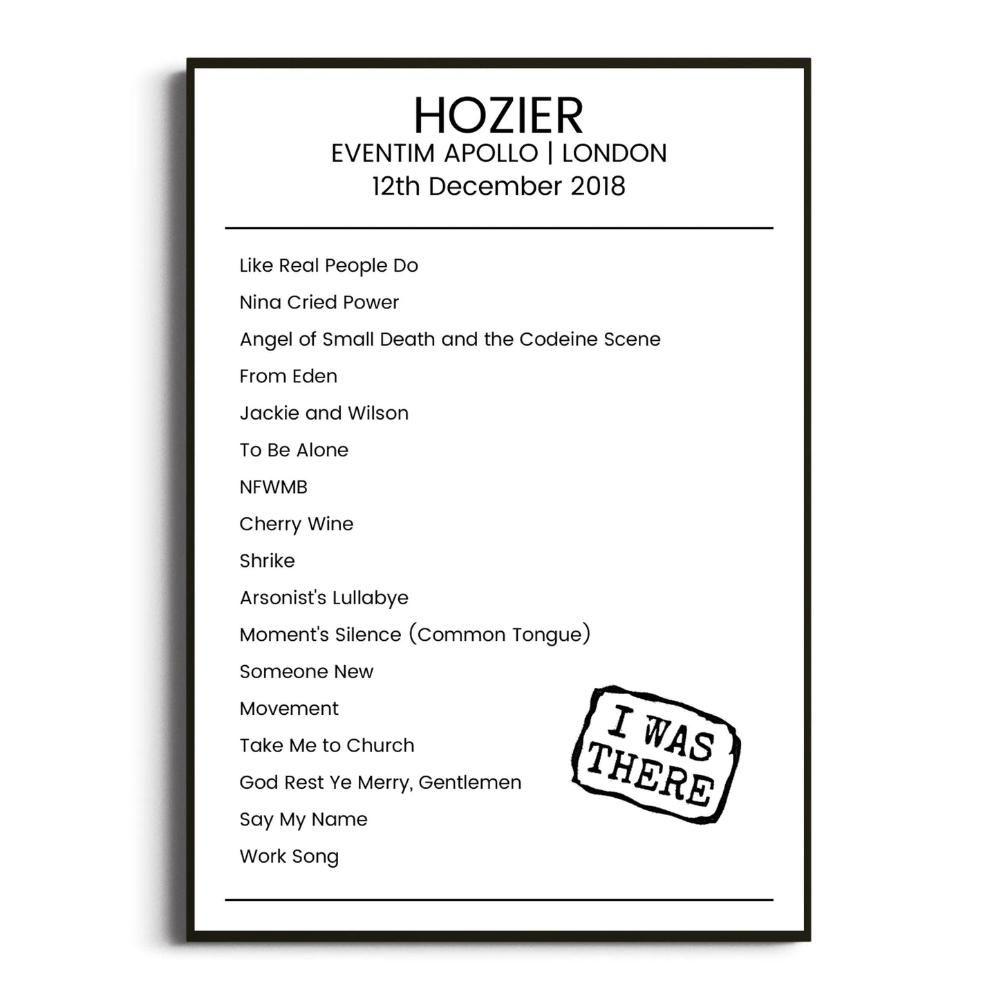 Hozier London 12 December 2018 Setlist Poster