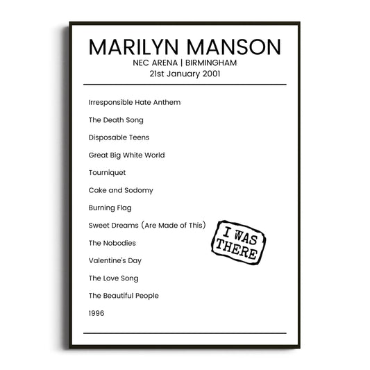 Marilyn Manson Birmingham 21 January 2001 Setlist Poster