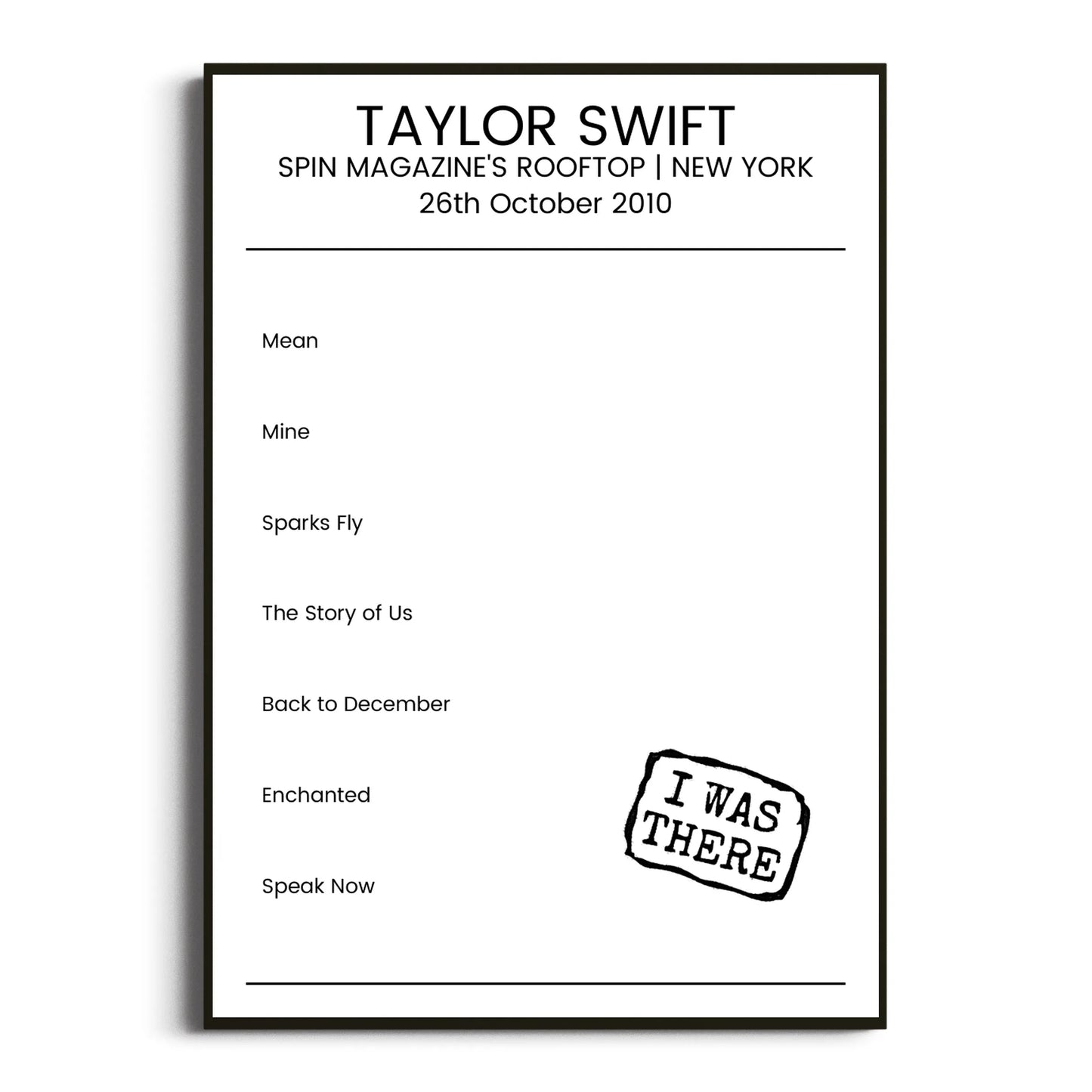 Taylor Swift New York 26 October 2010 Setlist Poster