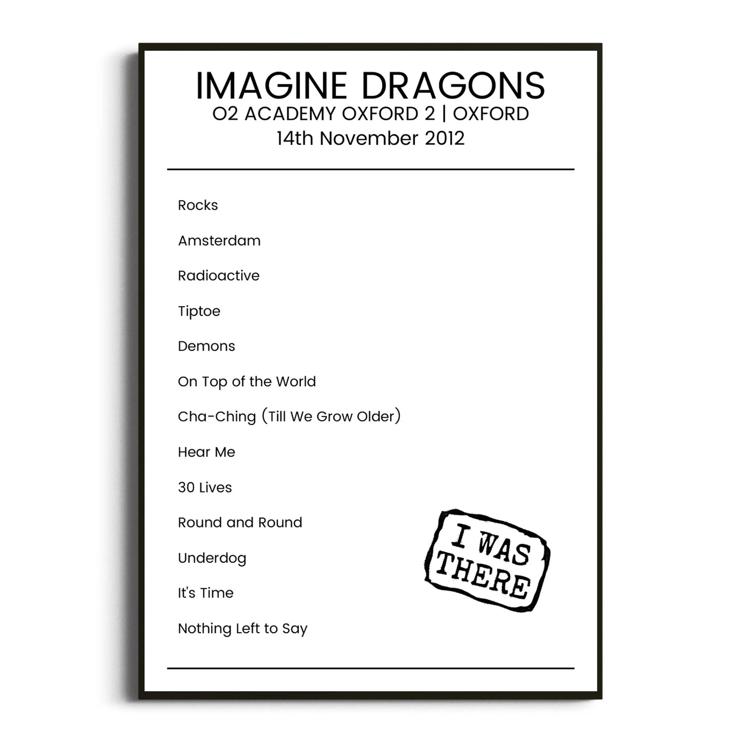 Imagine Dragons Oxford 14 November 2012 Setlist Poster