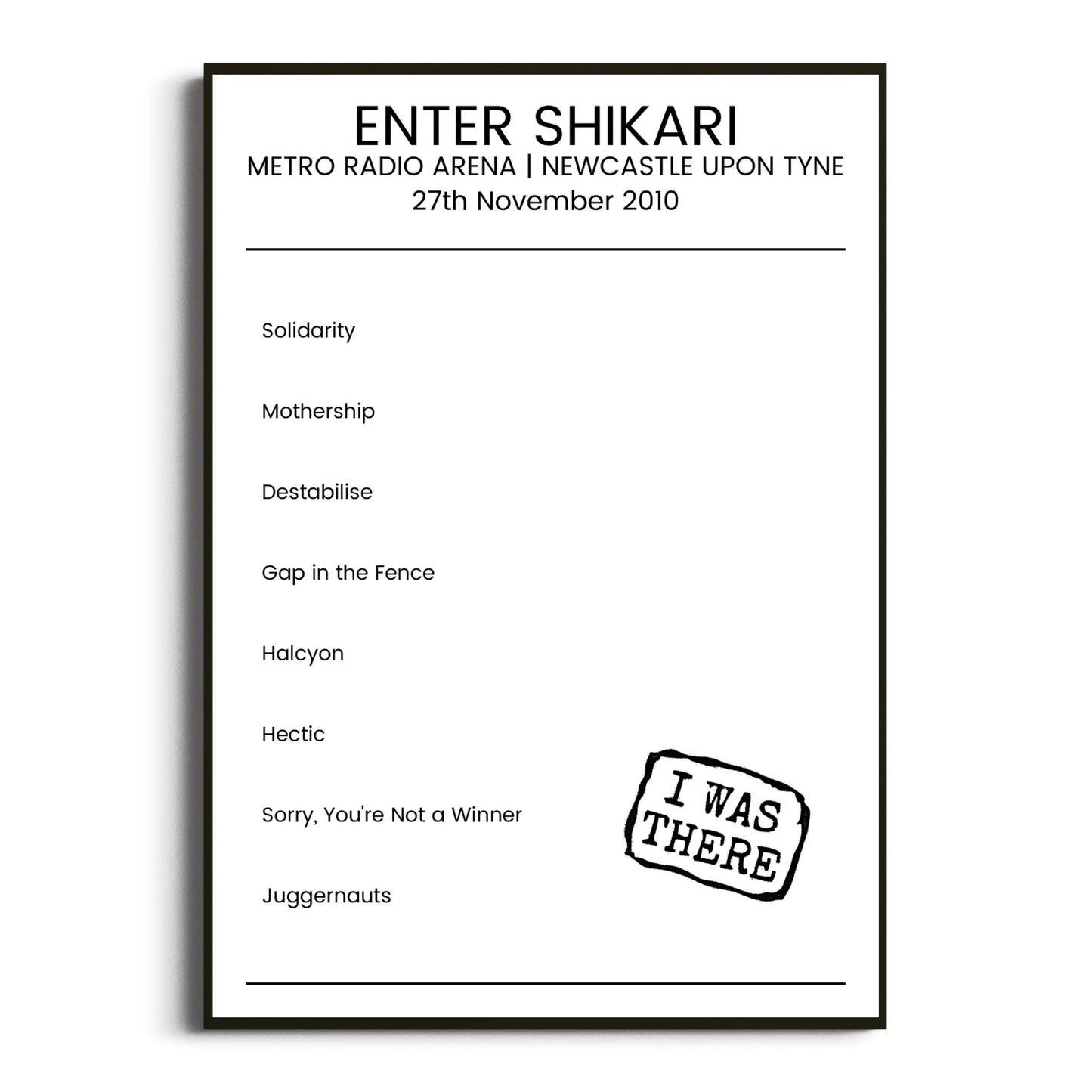 Enter Shikari Newcastle upon Tyne 27 November 2010 Setlist Poster