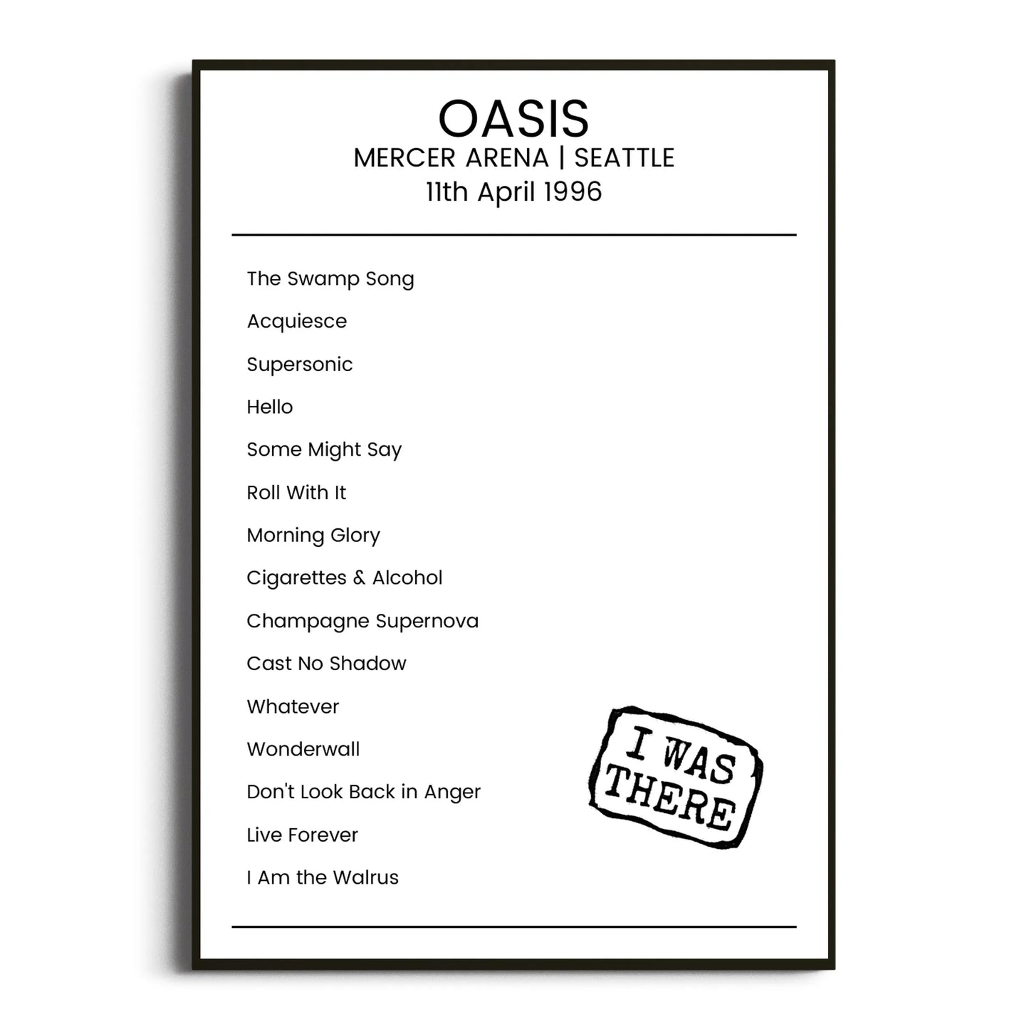 Oasis Seattle 11 April 1996 Setlist Poster