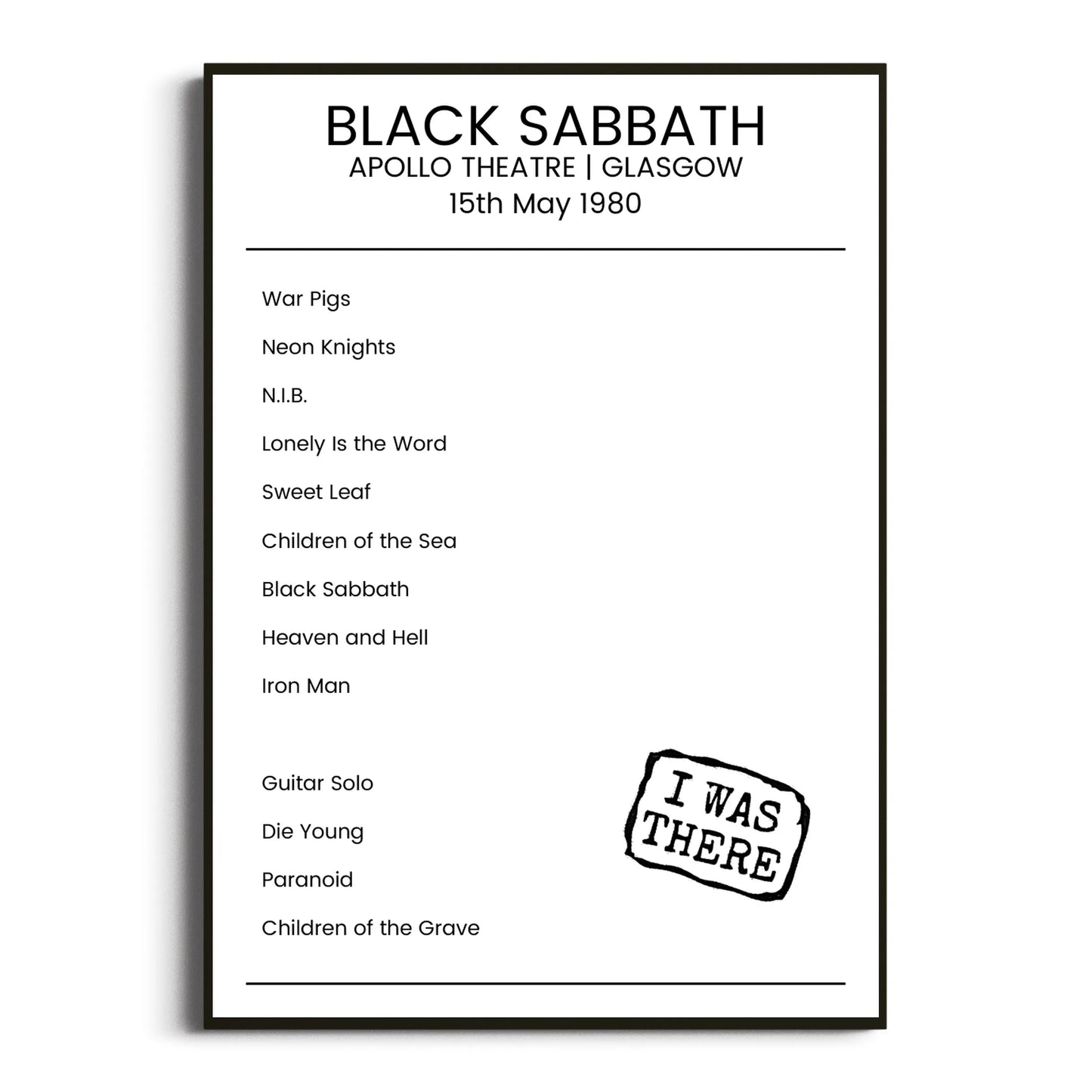 Black Sabbath Glasgow 15 May 1980 Setlist Poster