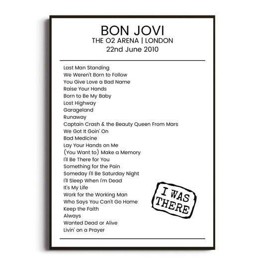 Bon Jovi London 22 June 2010 Setlist Poster