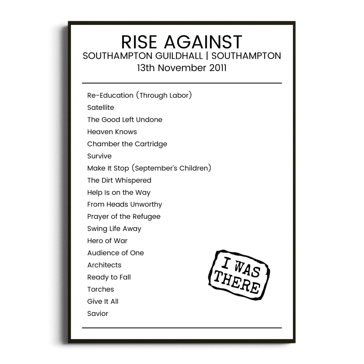 Rise Against Southampton 13 November 2011 Setlist Poster