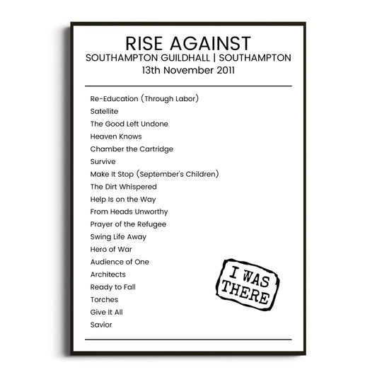 Rise Against Southampton 13 November 2011 Setlist Poster