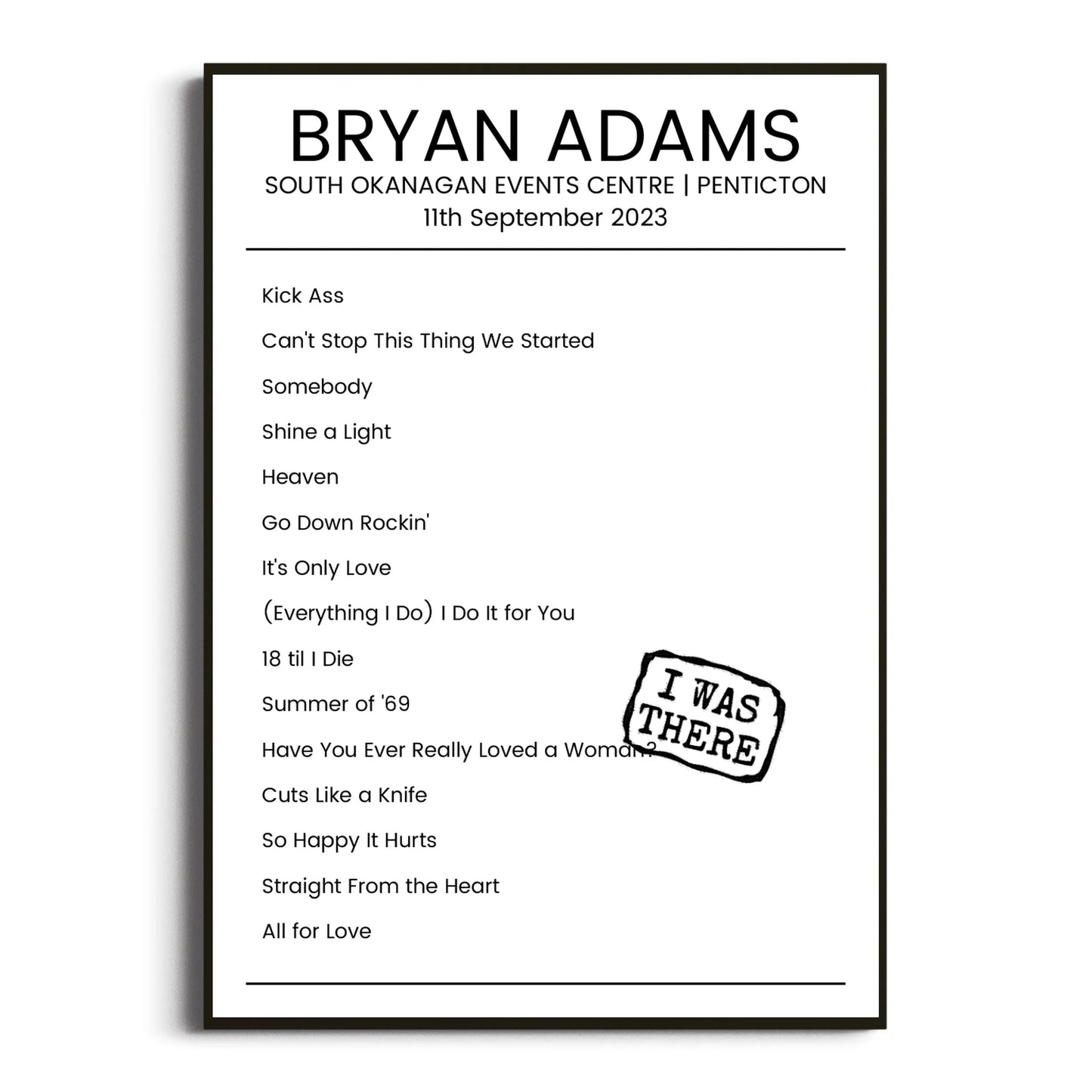 Bryan Adams Penticton 11 September 2023 Setlist Poster